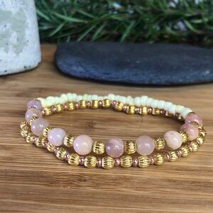 2 Piece Dainty Gold, Pink and Cream Beaded Bracelet